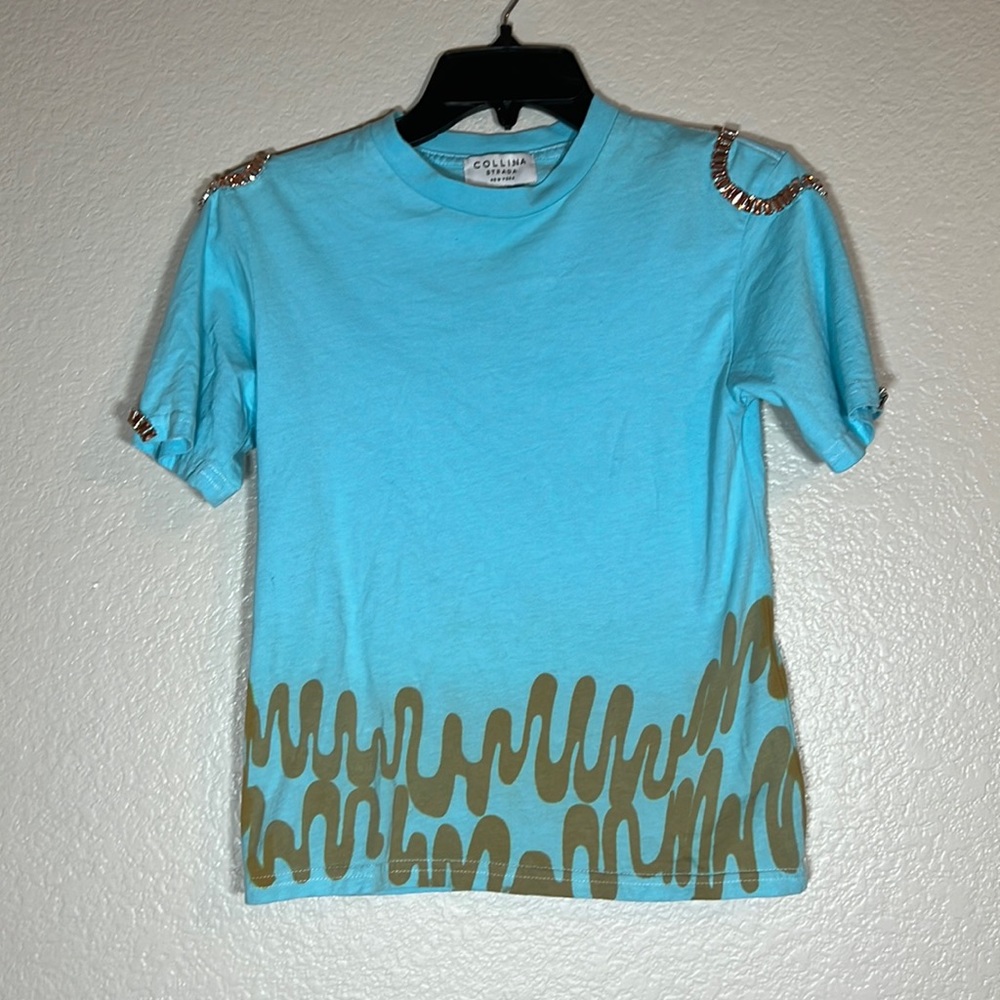 Collina Strada Sky Blue T Shirt with Embellishment sz XS